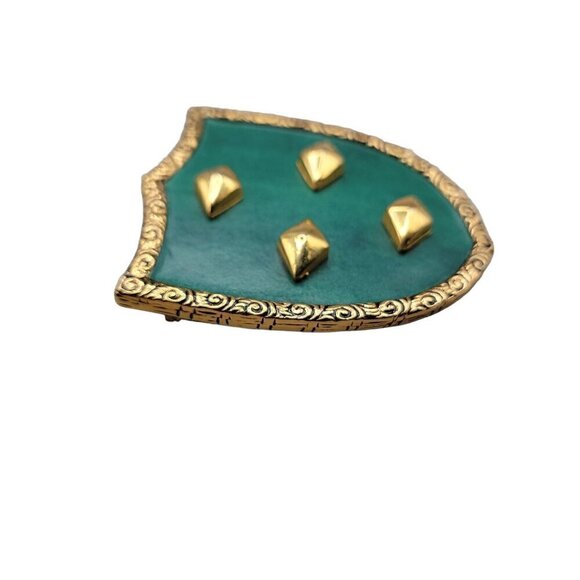 Knights Shield Brooch Pin Gold Tone & Green Vinyl Decorative Trim Vintage - Picture 6 of 8